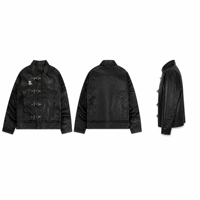 Veste en cuir pour homme avec logo personnalisé, style pompier, fermeture à boutons, OEM ODM, noire, style workwear, streetwear, vintage, col pointu, style cyber