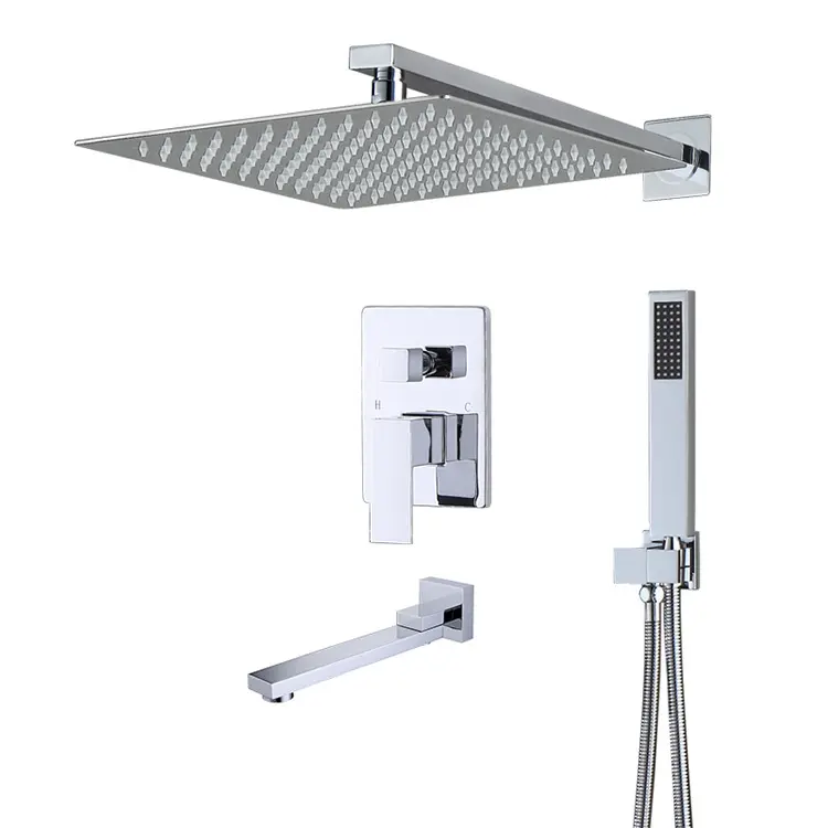 Chrome Brass 3 Way Wall Mounted 10/12 Inch Over Head Rain Bathroom Concealed Bath Tub Shower Faucet Set