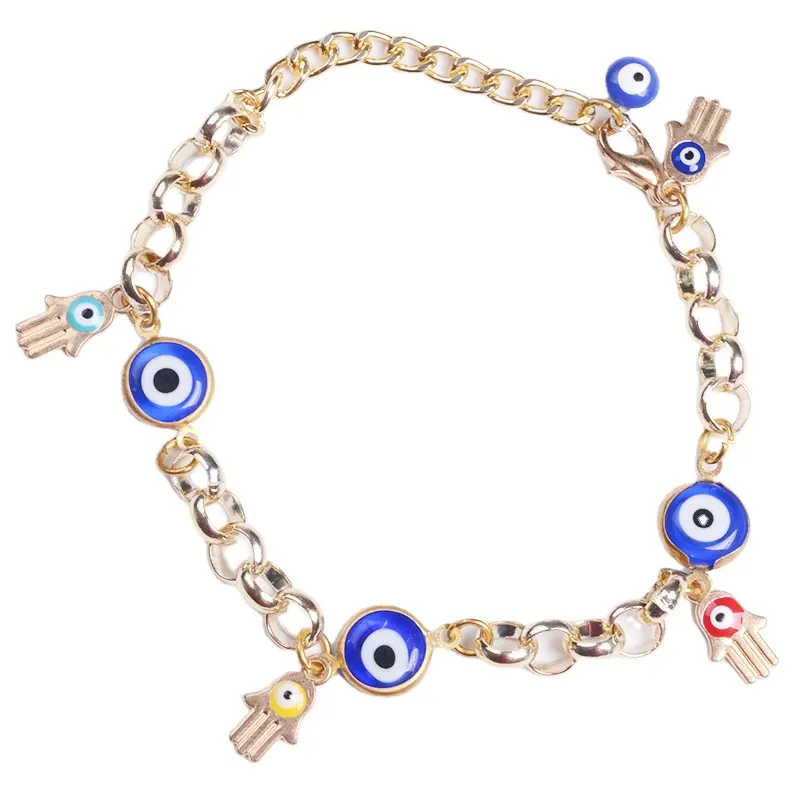Fashion Lucky Theme Hamsa Charms with Blue Evil Eye Beads Link Bracelets Alloy extender Chain Handmade