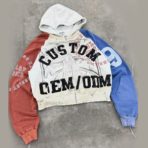 เสื้อฮู้ดดี้ผู้ชายทรงบ็อกซี่ ปักลายแบบแอพพลิเค่ ตัดต่อสีสัน  รับผลิตตามแบบ (OEM) พิมพ์ลายตามสั่ง ผ้าหนา 400 GSM สไตล์สตรีทแวร์ ซิปแบบดิสเทรส - Product Image 1