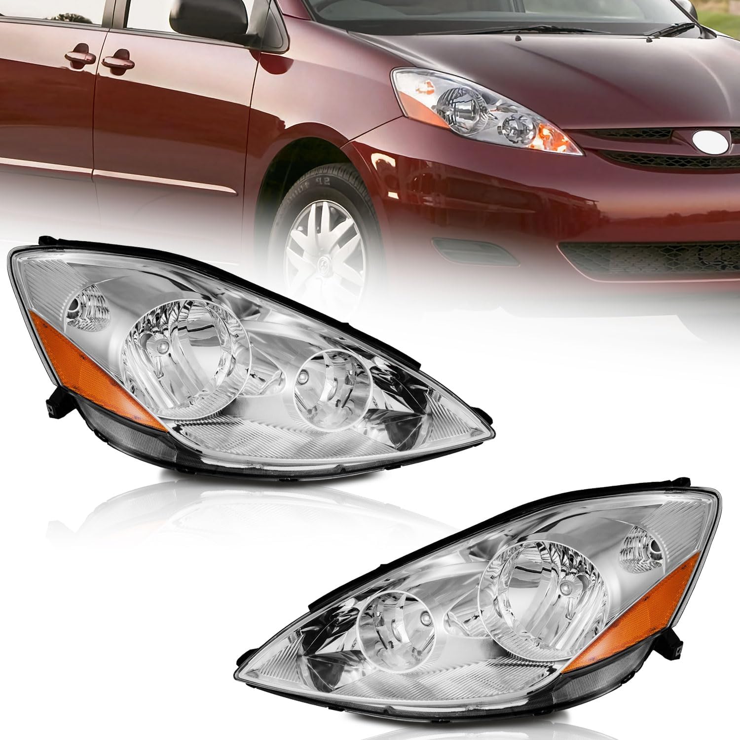 Headlight Assembly Compatible With 2011 2012 2013 2014 2015 2016 2017 2018 2019 2020 Toyota Sienna Chrome Housing Amber Reflector Clear Lens Headlights Assembly Replacement, 2 Years Warranty