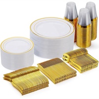 50 Guests Plastic Disposable Party Plate Serving Hot Stamp Food Cutlery Disposable Wedding Dishes Dinnerware Set with Gold Rim