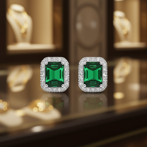 Orecchini a lobo classici con zircone taglio smeraldo e alone di diamanti per donna, in rame, forma rettangolare, montatura a griffe, modello E669 - Product Image 2