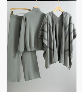 Cardigan traspirante lavorato a maglia <span class=keywords><strong>pantaloni</strong></span> larghi Set di maglieria da donna completo tre pezzi da donna - Product Image 2