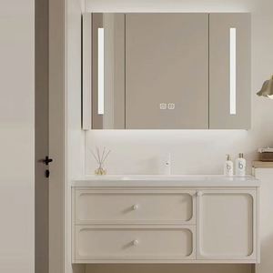 Vente en gros de vanités de salle de bain flottantes en bois de luxe modernes personnalisées avec comptoir en pierre de quartz résistant à l'eau - Product Image 3