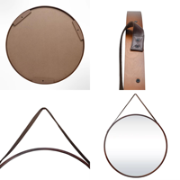 Cadre de miroir rond en bois de 60 cm avec sangle de suspension en cuir, décoration murale de style nordique pour salon, salle de bain, entrée
