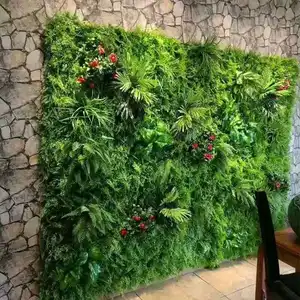 G-890 3D Dekorasi Dinding Tanaman Rumput Hijau Plastik Sutra Buatan Vertikal Pagar Kayu Kotak Dedaunan Tropis Imitasi Dalam Ruangan Pernikahan