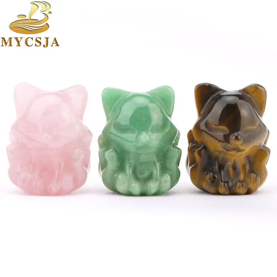 CSJA Wholesale Lovely Mini Animal Figurine Natural Healing Energy Gem Crystal Nine-Tailed Fox Carvings for Home Office