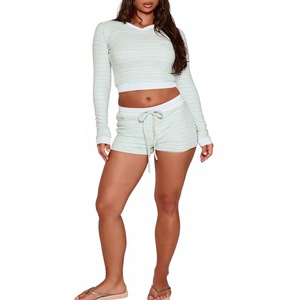 Custom OEM Logo 100% Cotton Ribbed 240 GSM Luxury Women's 2 Pieces Lounge <b>Set</b> Long Sleeve Stripe V-Neck T-Shirt & <b>Sexy</b> Hot Pant - Product Image 5