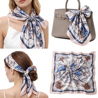 Syal Sutra Mewah Wanita Motif Rantai Nautikal Biru 70cm Persegi, Pita Satin untuk Ikat Rambut, Aksesori Tas Tangan