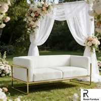 Nouveau design, longue banquette en acier inoxydable doré, canapé trône pour mariés, fauteuil double pour événements