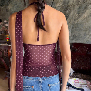 Summer Short Breathable Eco-Friendly Knitted Mesh Camisole Polka Dot Print Ribbons <b>Tie</b> See-Through Backless Sleeveless Front - Product Image 6