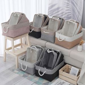 Linen Splicing Rectangular Basket Toys Book Stylish Foldable Organizer <b>Storage</b> <b>Box</b> With Cotton Rope Leather Handle - Product Image 1
