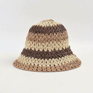 Wholesale Daily Travel Beach Rainbow Striped Hand-hooked Paper Straw Summer Fashion Sunshade Sun Hand Knitted Bucket <b>Hat</b> - Product Image 5