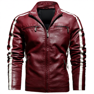 Blouson moto homme en cuir PU rouge avec rayures blanches, col montant, fermeture éclair, coupe ajustée, style automne, vente en gros, logo personnalisé 2026 - Product Image 1