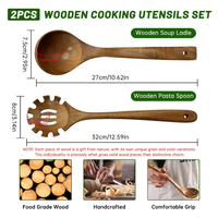Ensemble de 2 cuillères en bois massif foncé poli, avec lèche-plat dentelé et ajouré, louche à soupe avec bec verseur, ustensiles de cuisine écologiques