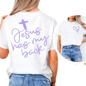 เสื้อยืดผู้หญิงแบบสวมใส่สบาย ระบายอากาศได้ดี เหมาะสำหรับฤดูร้อน คอกลม แขนสั้น พิมพ์ลายโลโก้ "Jesus Has My Back" ผ้าถักโพลีเอสเตอร์/คอตตอน - Product Image 1