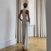 Robe longue moulante sans manches à col roulé et taille haute, couleur unie, style vintage, pour femme