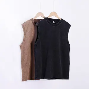 Wholesale Sleeveless T-shirt Men's Round-neck T-shirts Wash Off Shoulder Cotton Retro Vest Top Loose Vest