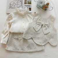 Seizoensgebonden nieuwe collectie lente herfst kinder kledingset met pailletten tweed vest+blouse+rok Koreaanse stijl voor meisjes