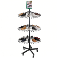 Étagère rotative à 3 niveaux pour chaussures, 360° °   Présentoir à chaussures rotatif avec roulettes et porte-panneau, étagère de présentation pour magasin de chaussures
