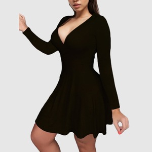 E0104TA53 Precio al por mayor de las mujeres profundo V cuello de la mujer de Color sólido de manga larga vestido acanal. - Product Image 3