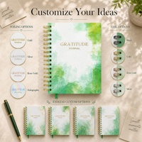 Carnet de réflexion et de gratitude personnalisé A5 avec couverture en papier aquarelle vert, spirale et dorure à chaud, avec marque-page