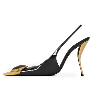 Zapatos de tacón dorados personalizados para mujer con correa trasera, tacones originales, sandalias de vestir con punta cuadrada y charol brillante - Product Image 2