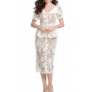 Vestido Midi de Encaje Floral 3D para Mujer, Manga Corta, con Volantes, Cintura con Cinturón, Elegante, para Invitadas de Boda, a la Moda - Product Image 3