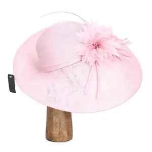 Pink color wide brim wedding church hat sinamay fascinator base with straw top