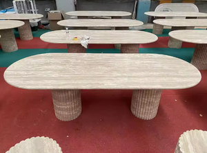 Tavolo da Pranzo in Travertino Naturale Personalizzato con Pietre Decorative, Tavolo da Pranzo in Marmo Travertino Ovale Scanalato - Product Image 4