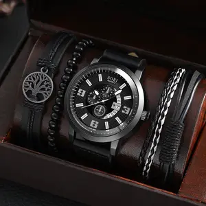 6272 4 teile/satz Casual Leder armband Nummer Datum Quarz Armbanduhr Mann Einfache Sport Style Männliche Uhr