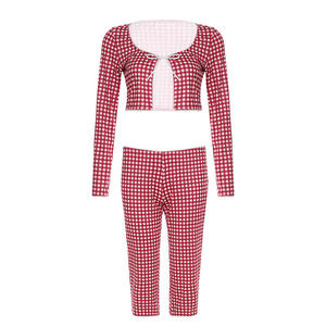 PEEQI Completo a quadri <span class=keywords><strong>con</strong></span> <span class=keywords><strong>top</strong></span> corto a maniche lunghe <span class=keywords><strong>con</strong></span> laccetti e pantaloni capri a vita bassa, nuovo set estivo <span class=keywords><strong>con</strong></span> bralette allacciata e pantaloncini <span class=keywords><strong>con</strong></span> <span class=keywords><strong>bottoni</strong></span>, 2 pezzi - Product Image 5