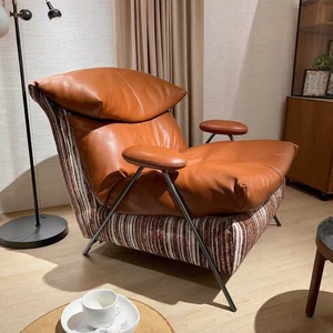 Fauteuil de détente, fauteuil de salon, pouf, fauteuil individuel de balcon, cuir véritable, tissu, rembourrage doux en duvet - Product Image 2