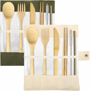 Juego de Cubiertos de Viaje Ecológicos Reutilizables de Bambú Pulido con Acabado Espejo y Mangos de Acero Inoxidable para Niños y Adultos, Ideal para Camping - Product Image 1