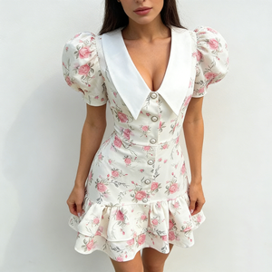 Robes pour femmes, imprimé floral blanc, col oversize, manches bouffantes, ourlet à volants, mini robes de soirée - Product Image 2