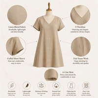 Robe trapèze décontractée pour femme en mélange de lin 220 GSM, col en V, manches courtes, respirante, couleur unie, personnalisable avec logo OEM ODM, tailles XS-5XL