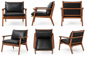 Sillón de Cuero Negro de Diseño con Estructura de Nogal Natural, Cojín de Respaldo Soportador y Estilo Contemporáneo Atemporal - Product Image 3