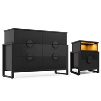 Commode à tiroirs large moderne en bois noir sur mesure avec 6 tiroirs cannelés et poignées métalliques pour le rangement de la chambre à coucher