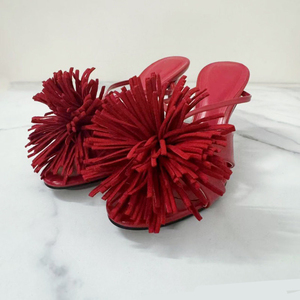 Nuevo verano <span class=keywords><strong>Coral</strong></span> rojo con flecos tacón Delgado punta redonda Sexy sandalias de moda y Sexy zapatos de tacón alto para mujer Zapatillas - Product Image 4