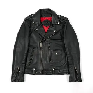 Non-Revomable 100% Polyester Pu Quilted Lining Side Asymmetric Metal Zipper Closure Black Men Leather Jacket