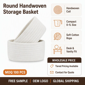 Set <span class=keywords><strong>di</strong></span> 2 Cesti Portaoggetti Rotondi in Corda <span class=keywords><strong>di</strong></span> Cotone Intrecciata a Mano per Organizzazione Bagno - Product Image 6