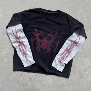 Camiseta Y2K Vintage con Estampado <span class=keywords><strong>Tribal</strong></span>, Negra Lavada, Gótica, de Manga Larga, Oversize, 100% Algodón, Estilo Retro Cyber Grunge Streetwear - Product Image 1