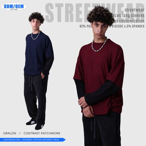 T-shirt vintage à manches longues pour homme, style streetwear, effet deux-pièces, en fibre Dralon, patchwork contrastant, design uni - Product Image 3