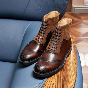 Men's Business Casual High-Top Lace-Up Square Toe <b>Leather</b> Upper Patchwork <b>Boots</b>-Lightweight Anti-Slip Breathable Moto <b>Work</b> <b>Boots</b> - Product Image 5