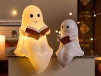 Nouvelle Lampe Fantôme Créative Nicro à Piles en Résine Blanche, Assise et Lisant, Veilleuse de Table, Cadeau d'Halloween, Décoration de Table