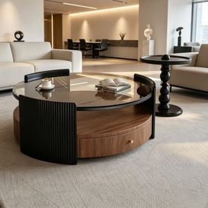 Set di Tavolini da Caffè Moderni ed Ecologici in Vetro Marrone con Cassetto in <span class=keywords><strong>Legno</strong></span> e Dettagli Neri per Soggiorno - Product Image 1