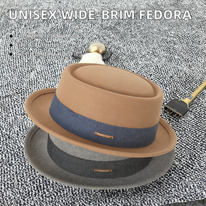 Wholesale Misi Unisex Wide-Brim Felt Fedora Contrast <b>Brown</b> Ribbon Metal Detail 100% <b>Wool</b> Breathable Fabric for Business Party - Product Image 2