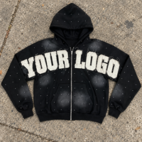 Sweat à capuche zippé pour homme, 450 GSM, grammage lourd, effet vintage délavé et vieilli, avec appliqué et strass, coupe oversize, style streetwear