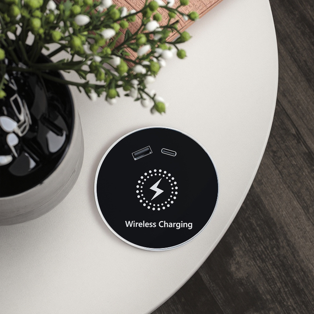 JIECI Model 008 20W Desktop Fast Charging Wireless Charger Alloy Hidden Hotel Furniture QC3.0 Function 5V/3.6A Output Power